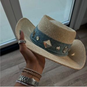 Western styles hat with cute denim and jewel detailing